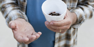 USA, Illinois, Metamora, Close-up of man begging for money
